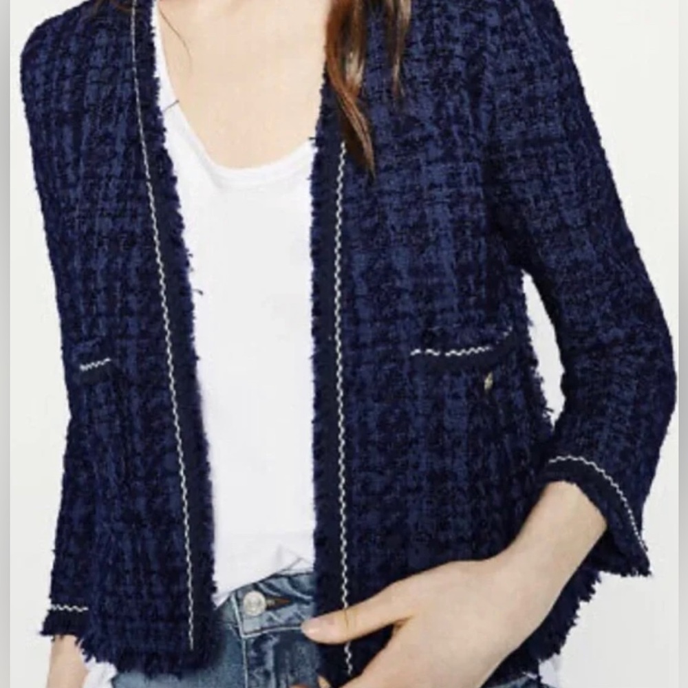 Zara Navy Tweed Blazer with Gold Buttons - Picture 5 of 10